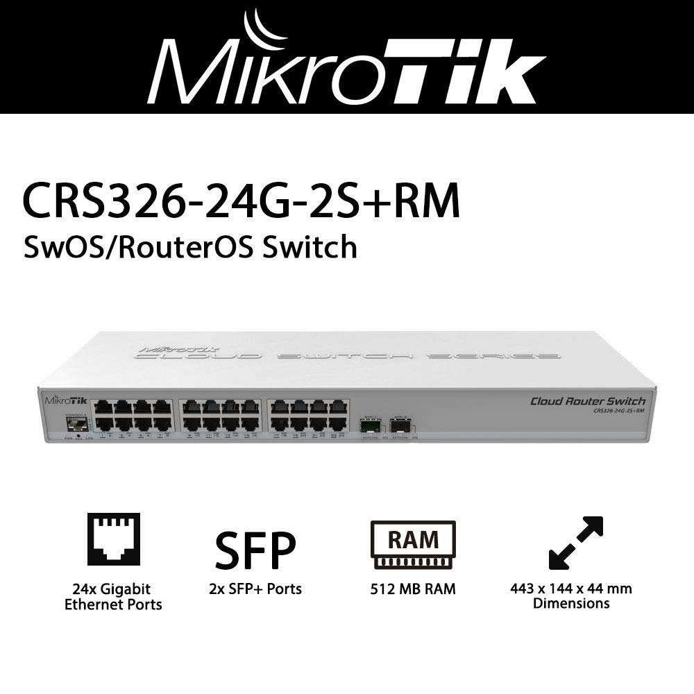 MikroTik CRS326‑24G‑2S+RM MikroTik CRS326-24G-2S+RM 24 Port Gigabit Switch with 2 x SFP+ Uplinks