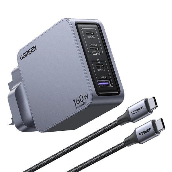 UGREEN Nexode Pro 160W 4-Port GaN Fast Charger UK Grey with 1.5m 240W USB-C Cable X763