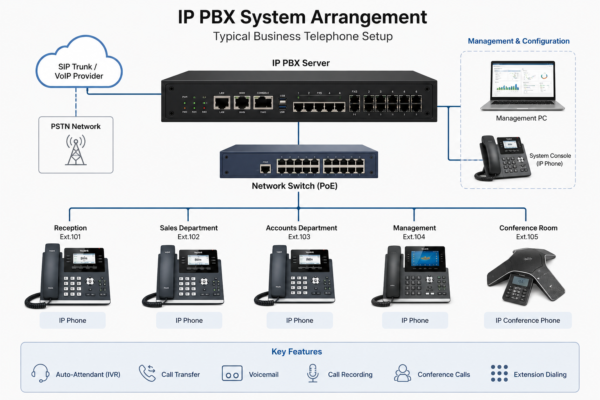 IP PBX system arrangement showing PBX server, PoE network switch and IP phones